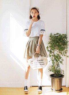 DHOLIC ライン&レーススリーブTシャツ・全3色・b44404