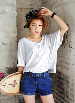 DHOLIC ネックレースアップバーンアウトTシャツ・全6種類・t44387