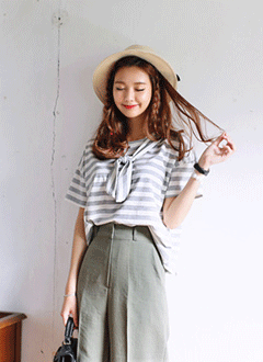 DHOLIC 肩掛け風ボーダーTシャツ・全3色・b44364