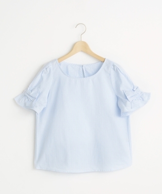 チェック袖リボンブラウス