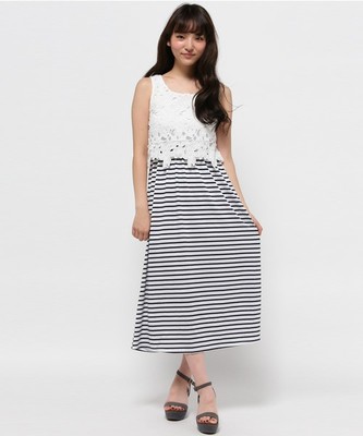 モチーフレース＋天竺ボーダーマキシワンピース/Ray Cassin