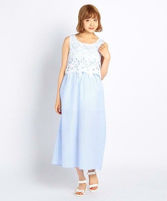 刺繍レース＋サッカーストライプマキシワンピース/Ray Cassin