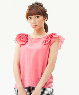 Perle Peche ショルダーフリルブラウス