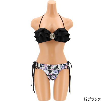 MARGURITE無地×花柄 ビジュー付きフリルワイヤーバンドゥビキニ
