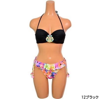 無地×ミックスフラワープリント ビジュー付きワイヤービキニ