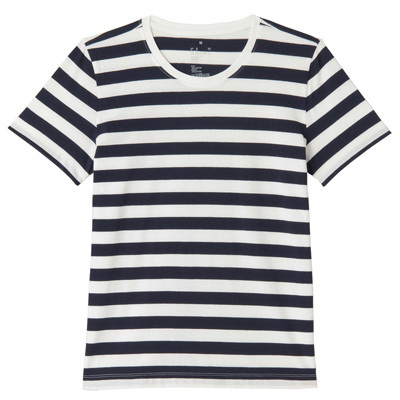 オーガニックコットンクルーネック半袖Tシャツ(ボーダー) 婦人S・白×ダークネイビー