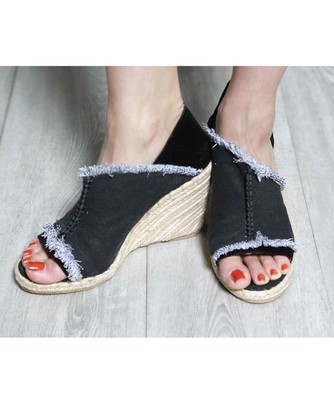 キャンバス×スエードフリンジウエッジソールサンダル