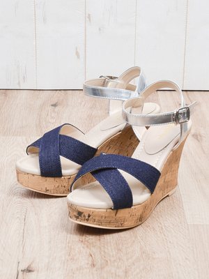 フロントクロスコルク調ウエッジストラップサンダル