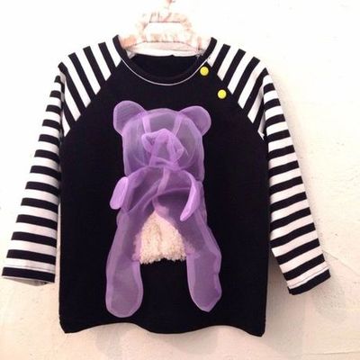 <キッズ>3D!飛び出すTED袖ボーダーTシャツ/黒