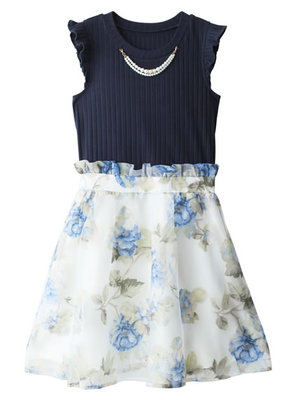 パールネックレス付花柄オーガンジー切替ワンピース