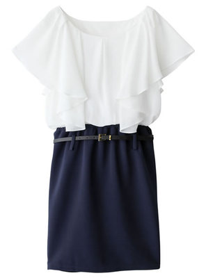 ベルト付きジョーゼットフリルドッキングワンピース