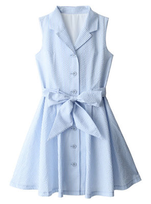 ウエストリボン付きストライプワンピース