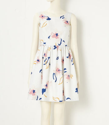 レトロフラワーワッフルフレアワンピース