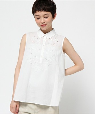 カットワーク刺繍ノースリシャツBL