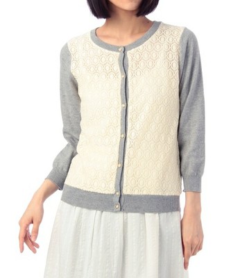 レース切り替え七分袖ニットーディガン