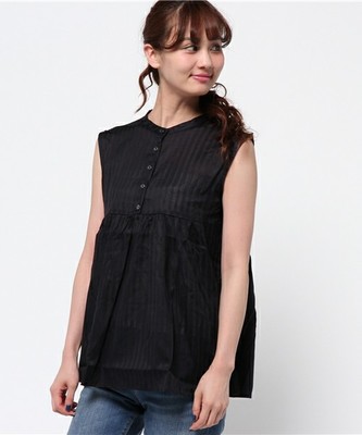 カラミストライプ　スタンドノースリブラウス