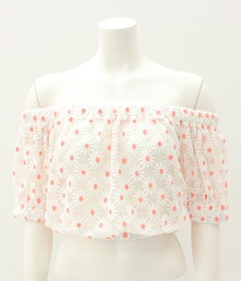 フラワー刺繍オーガンジーオフショルTOPS