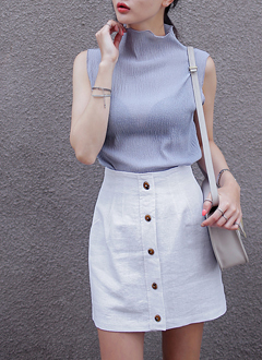 バックジッパーボタンリネンミニスカート
