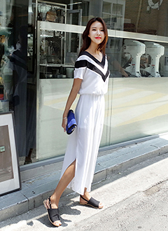 Vネックラインブラウジングロングワンピース