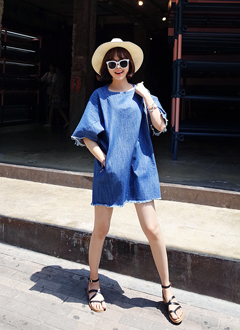 ラフカットデニム半袖ワンピース