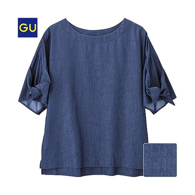 テンセルデニムＴブラウス（リボン・５分袖）