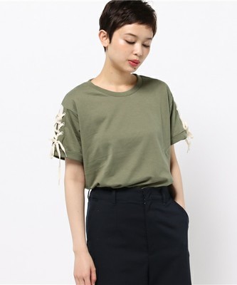 インレイ裏毛袖レースアッププルオーバー