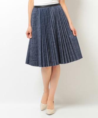 デニム風コットン混ストレッチ＋合成皮革プリーツスカート