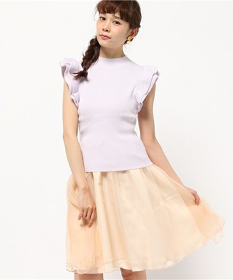 袖フリルニット×オーガンジーワンピース