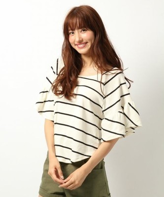 ボーダーフリルソデＴシャツ5分袖 2 566497