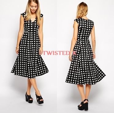 ドットチェックミディ丈フレアドレス