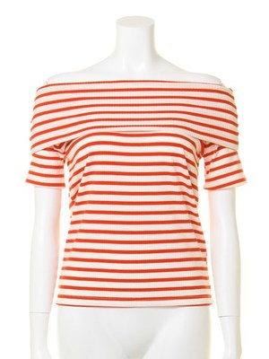 リブボーダーオフショルトップス