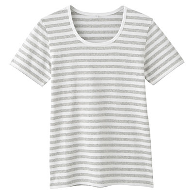 オーガニックコットンストレッチクルーネック半袖Tシャツ(ボーダー) 婦人・M・オフ白×杢ライトグレー