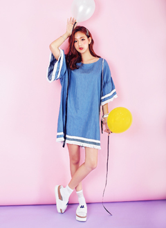 ワイドスリーブラインブルーデニムワンピース・全2色・b44525