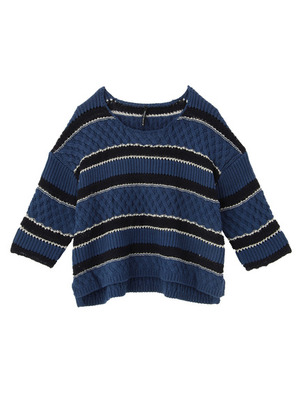 編み地切り替えボーダー七分袖ニット