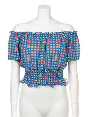 Lily Brown (リリーブラウン)  マルチスクウェアー柄オフショル