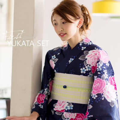 着付け小物、帯飾り付き浴衣セット「ネイビーブルー 薔薇と桜」（K鶸） レディース 女性浴衣セット 