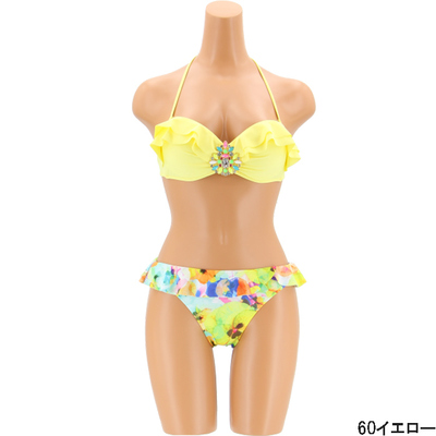 無地×花柄 ビジュー付きフリルワイヤーバンドゥビキニ