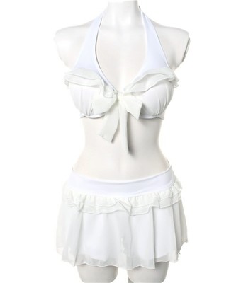 （Cretamoon）無地フリルホルターワイヤービキニ　スカート付き3点セット　