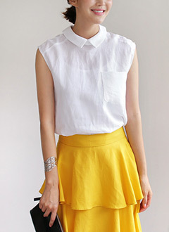 バックジッパーリネン襟付きブラウス