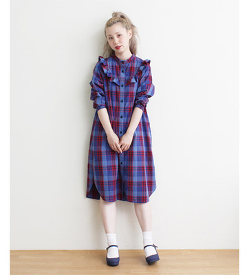○ダークチェック　フリルワンピース