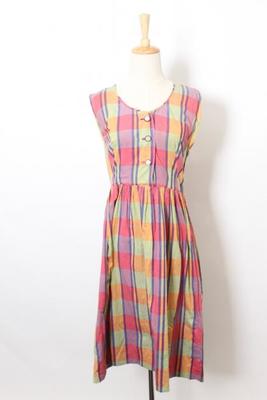 50's Red Green Orange Check Sleeveless Dress
