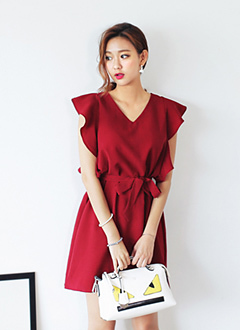 ベルトsetフリルスリーブワンピース・全4色