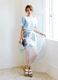 フラワープリントプリーツシースルーレイヤードスカート・全2色