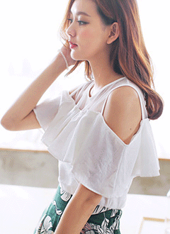 メッシュ切替オフショルダーブラウス