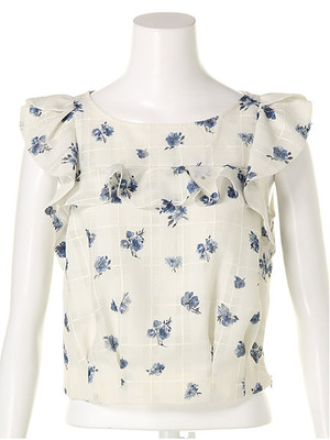 格子フラワークロップドブラウス