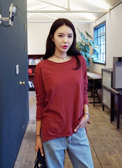 ラウンドネック長袖ルーズTシャツ・全4色