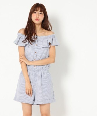 オフショルフリルロンパース