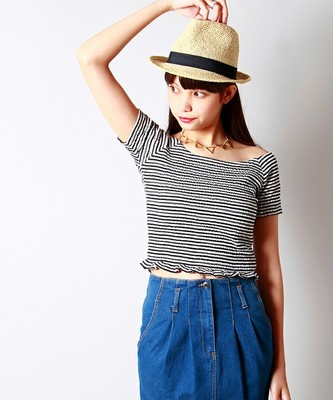 WEGO/ボーダーオフショルダーTシャツ