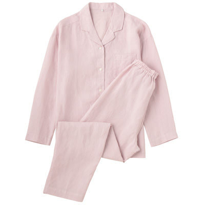 フレンチリネン長袖パジャマ　婦人Ｌ・ピンク×ストライプ