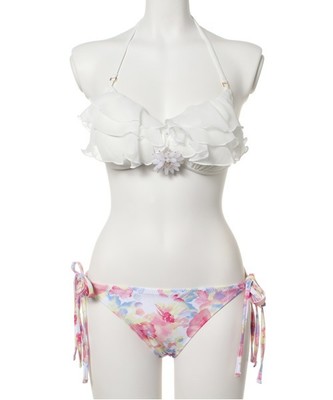 】無地シフォンフリルx花柄プリントボトム コサージュ付きワイヤービキニ 水着
